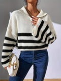 Romildi Striped Pattern Half Zip Pullover Sweater, Casual Bell Sleeve Sweater For Fall & Winter, Women's Clothing