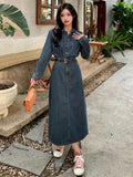 Romildi Blue Long Sleeves Denim Dress, Retro Style Single Breasted Button Split Lapel Denim Dress, Women's Denim Clothing