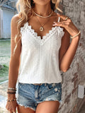 Romildi Romildi Eyelet Embroidered Contrast Lace Cami Top, Casual V-neck Spaghetti Strap Top For Summer, Women's Clothing