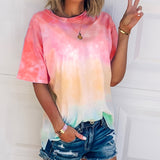 Romildi Tie Dye Color Block T-Shirt, Crew Neck Short Sleeve T-Shirt, Casual Every Day Tops, Women's Clothing