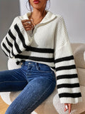 Romildi Striped Pattern Half Zip Pullover Sweater, Casual Bell Sleeve Sweater For Fall & Winter, Women's Clothing