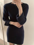 Romildi Solid Boat Neck Sweater Dress, Elegant Long Sleeve Bodycon Knitted Dress, Women's Clothing