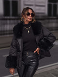 Romildi Fuzzy Collar Belted Jacket Coat, Casual Solid Long Sleeve Winter Warm Outerwear With Pockets, Women's Clothing