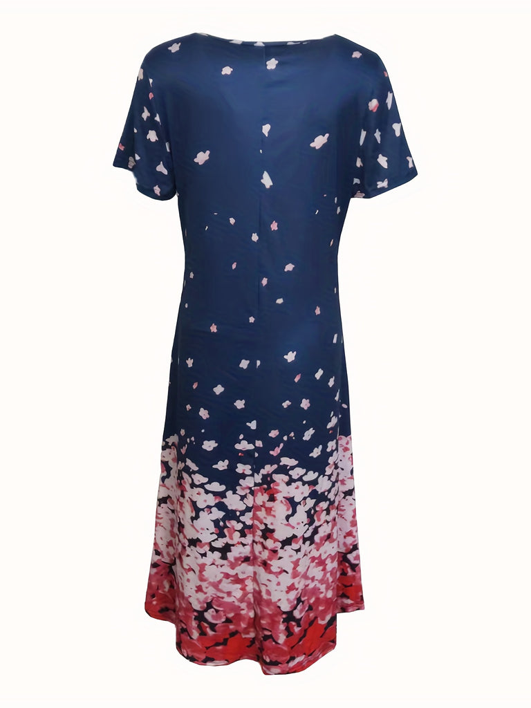 Romildi Floral Print V Neck Dress, Casual Short Sleeve Dress For Spring & Summer, Women's Clothing