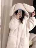 Romildi Cute Rabbit Hooded Fleece Night Robe, Thickened Long Sleeve Button Up Robe With Pockets, Women's Sleepwear & Dresses