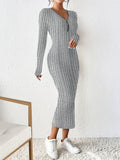 Romildi Half Zip Ribbed Dress, Casual Solid Long Sleeve Every Day Dress, Women's Clothing