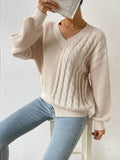 Romildi Women's Sweater Casual V Neck Cable Long Sleeve Loose Fall Winter Sweater