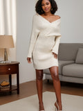 Romildi Rib Knit Sweater Dress, Sexy V Neck Long Sleeve Bodycon Dress, Women's Clothing