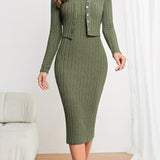 Romildi Solid Ribbed Two-piece Set, Button Front Long Sleeve Cardigan & Sleeveless Bodycon Dress Outfits, Women's Clothing