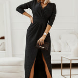 Romildi Sexy V-neck Slit Waist Dress, Casual Solid Asymmetrical Long Sleeve Long Dresses, Women's Clothing