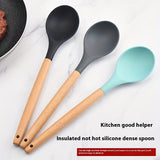 1pc Silicone Spoon with Wooden Handle - Durable, Non-Stick, Heat Resistant, for Cooking & Serving, Ideal for Soup, Salad Mixing, Kitchen Use