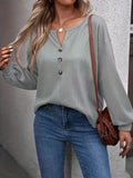 Romildi Button Front Notch Neck T-Shirt, Casual Long Sleeve Top For Spring & Fall, Women's Clothing