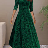 Romildi Solid Color Long Sleeve Dress, Elegant V Neck Flared Dress For Spring & Fall, Women's Clothing