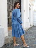 Romildi Solid V Neck Long Sleeve Dress, Mature Spring & Summer High Waist Ruffled Hem Dress, Women's Clothing