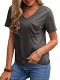 Romildi Basic Pockets V Neck T-shirt, Casual Loose Short Sleeve Fashion Summer T-Shirts Tops, Women's Clothing