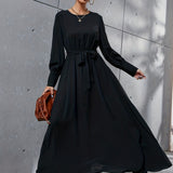Romildi Solid Simple Dress, Elegant Crew Neck Long Sleeve Maxi Dress, Women's Clothing