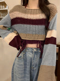 Romildi Striped Boat Neck Knit Sweater, Casual Long Sleeve Crop Sweater For Fall & Spring, Women's Clothing