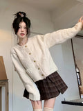 Romildi Solid Button Down Fuzzy Knit Cardigan, Casual Crew Neck Long Sleeve Thick Sweater, Women's Clothing