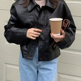 Romildi Solid  Faux Leather Vintage Jacket, Long Sleeve Single Breasted Outwear For Fall & Winter, Women's Clothing