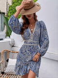 Paisley Print V Neck Dress, Vintage Long Sleeve Dress For Spring & Fall, Women's Clothing