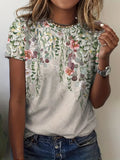 Romildi Romildi Vintage Floral Print T-Shirt, Short Sleeve Crew Neck Casual Top For Summer & Spring, Women's Clothing