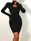 Romildi Solid Rib Knit Sweater Dress, Sexy High Neck Zipper Cut Out Slim Dress, Women's Clothing