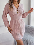 Romildi Cable Knit Sweater Dress, Casual V Neck Long Sleeve Dress, Women's Clothing