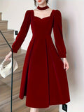 Romildi Tucked Solid Midi Dress, Elegant Long Sleeve Party Dress, Women's Clothing