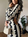 Romildi Striped Bodycon Sweater Flare Long Sleeve Dress, Cut Out Long Sleeve Casual Dress, Women's Clothing