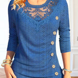 Romildi Contrast Lace Button Decor T-Shirt, Casual Eyelet Top For Spring & Fall, Women's Clothing