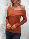 Romildi Ribbed Cold Shoulder T-Shirt, Casual Long Sleeve Top For Spring & Fall, Women's Clothing