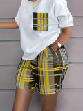 Romildi Plus Size Outfits Two Piece Set, Women's Plus Plaid Print Short Sleeve Tee & Shorts Outfits 2 Piece Set