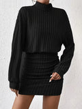 Romildi Ribbed Knit Long Sleeve Dress, Elegant Turtle Neck Slim Ruched Dress, Women's Clothing