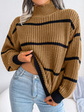 Romildi Striped Lantern Sleeve Sweater, Casual Turtle Neck Long Sleeve Sweater, Casual Tops For Fall & Winter, Women's Clothing