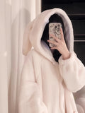 Romildi Cute Rabbit Hooded Fleece Night Robe, Thickened Long Sleeve Button Up Robe With Pockets, Women's Sleepwear & Dresses