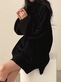 Romildi Solid Turtle Neck Oversized Sweater, Casual Long Sleeve Split Sweater, Women's Clothing