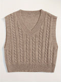 Romildi Solid V Neck Cable Knit Vest, Elegant Sleeveless Sweater Vest, Women's Clothing