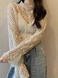 Romildi Guipure Lace Overlay Flare Sleeve Blouse, Casual Mock Neck Long Sleeve Blouse, Women's Clothing