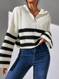 Romildi Striped Pattern Half Zip Pullover Sweater, Casual Bell Sleeve Sweater For Fall & Winter, Women's Clothing