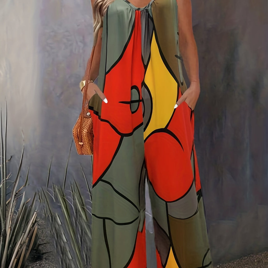 Romildi Abstract Print Sleeveless Jumpsuit, Casual Spaghetti Strap Wide Leg Jumpsuit, Women's Clothing