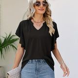 Romildi Solid Ruffle Hem Sleeve T-Shirt, Casual V Neck Short Sleeve Summer T-shirt, Women's Clothing