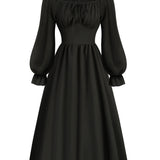 Romildi Tie Front Lantern Long Sleeve Dress, Casual Solid Squared Neck Dress, Women's Clothing