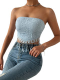 romildi Floral Pattern Tassel Tube Top, Elegant Strapless Hanky Hem Top For Spring & Summer, Women's Clothing