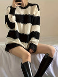 Romildi Striped Crew Neck Pullover Sweater, Casual Long Sleeve Ripped Sweater, Women's Clothing