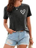 Romildi Heart Print Graphic T-Shirt, Short Sleeve Crew Neck Casual Top For Spring & Summer, Women's Clothing