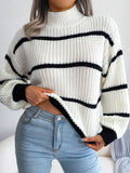 Romildi Striped Lantern Sleeve Sweater, Casual Turtle Neck Long Sleeve Sweater, Casual Tops For Fall & Winter, Women's Clothing