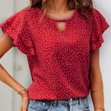 Romildi Polka Dot Ruffle Layered Hem Blouse, Casual Crew Neck Blouse For Spring & Summer, Women's Clothing