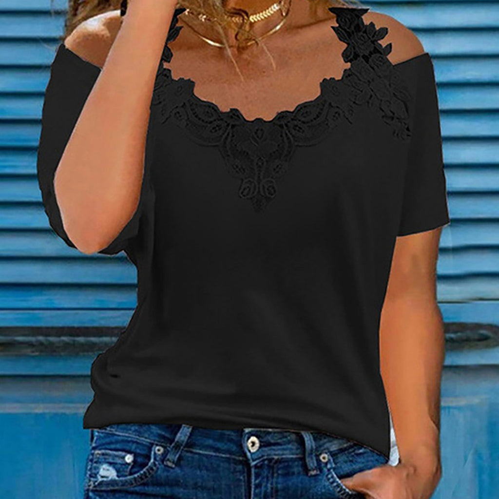 Romildi Lace Cold Shoulder T-Shirt, Sexy Short Sleeve Casual Top For Spring & Fall, Women's Clothing