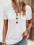 Romildi Contrast Lace Ribbed V Neck T-Shirt, Casual Button Front Short Sleeve Top For Spring & Summer, Women's Clothing