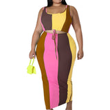 Romildi Romildi Plus Size Colorblock Ribbed Drawstring Tank Top & Slim Fit Skirt Sets, Women's Plus Medium Stretch 2pcs Sets